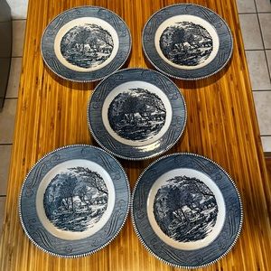 Currier and Ives Blue 10 inch dinner plate set of 5